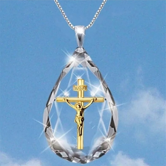 Crystal Waterdrop Jesus Cross Gold Pendant Necklace Christian Jewelry - Picture 2 of 4